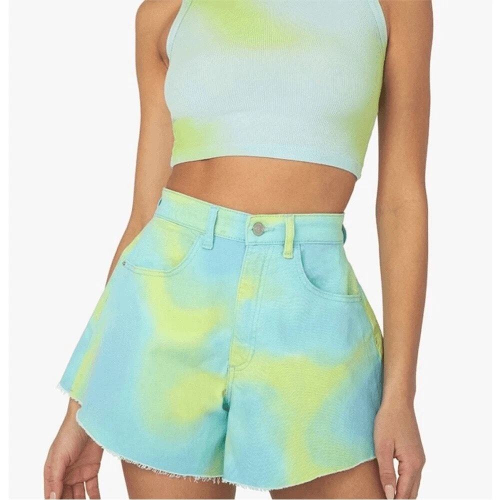 WeWoreWhat Flare Bell Shorts Twill Denim Frayed Hem Tie Dye Size 26 NWT